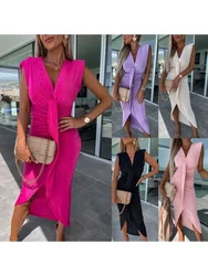 Women's New Spring/Summer V-neck Sleeveless Pleated Casual Dress Loose Holiday Dress Women's Tight Fitting Dress