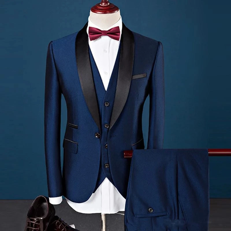 Xanh Dương Nam Bộ Quần Áo Cưới 3 Cái Trang Phục Homme Cưới Chú Rể Tuxedos Phù Rể Kinh Doanh Vũ Hội Phù Hợp Với Mỏng Phù Hợp Với Áo Vest Blazer quần