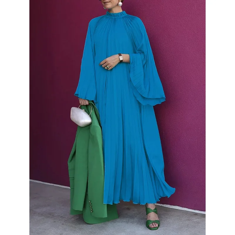 

Tinaa Синие платья больших размеров 2025 с расклешенными рукавами и воротником-стойкой, свободные плиссированные однотонные вечерние платья макси с рюшами 181433