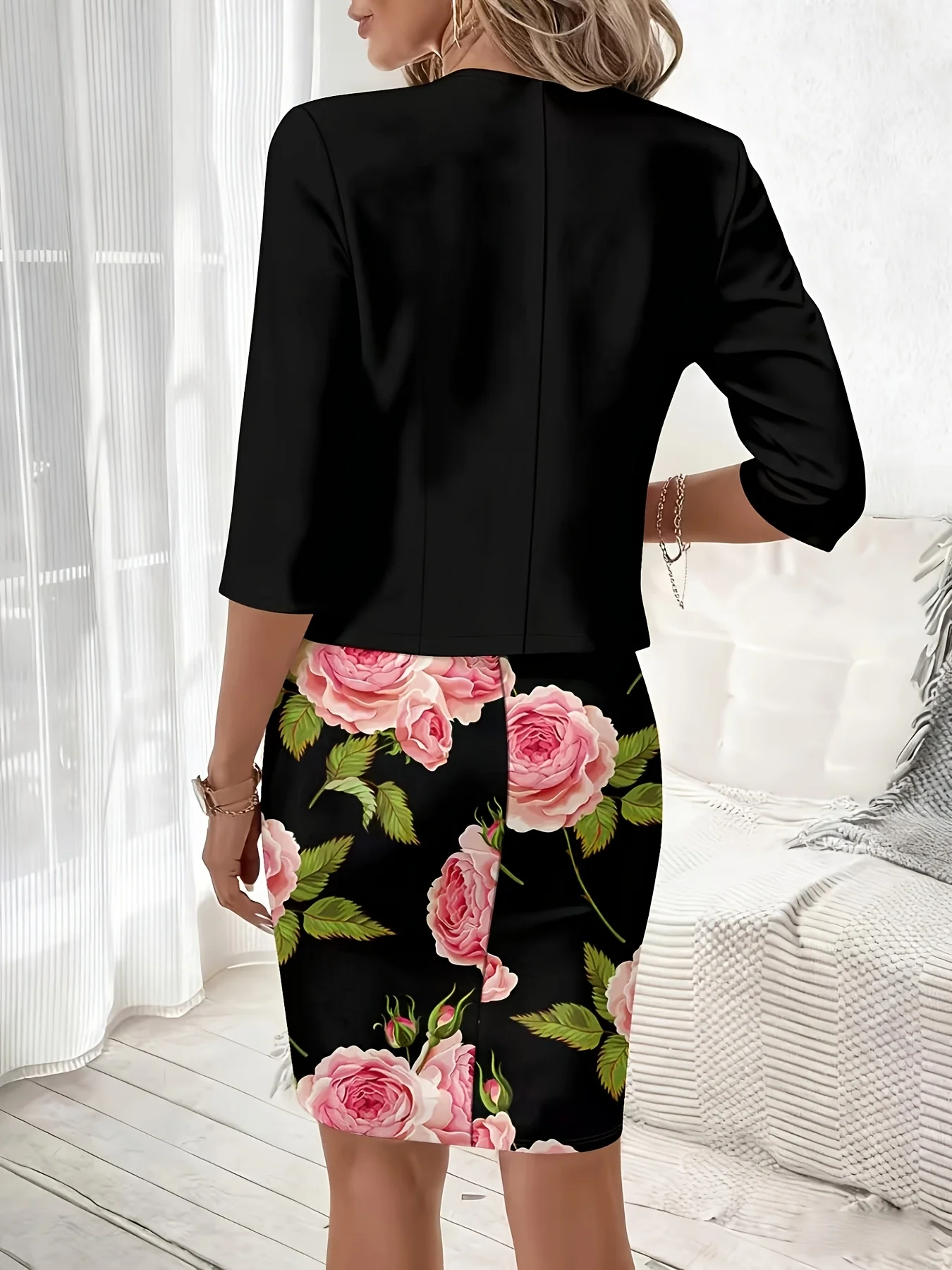 Printed design Casual Style Pink Roses On Black Background Round Neck Tank Dress Set view 2