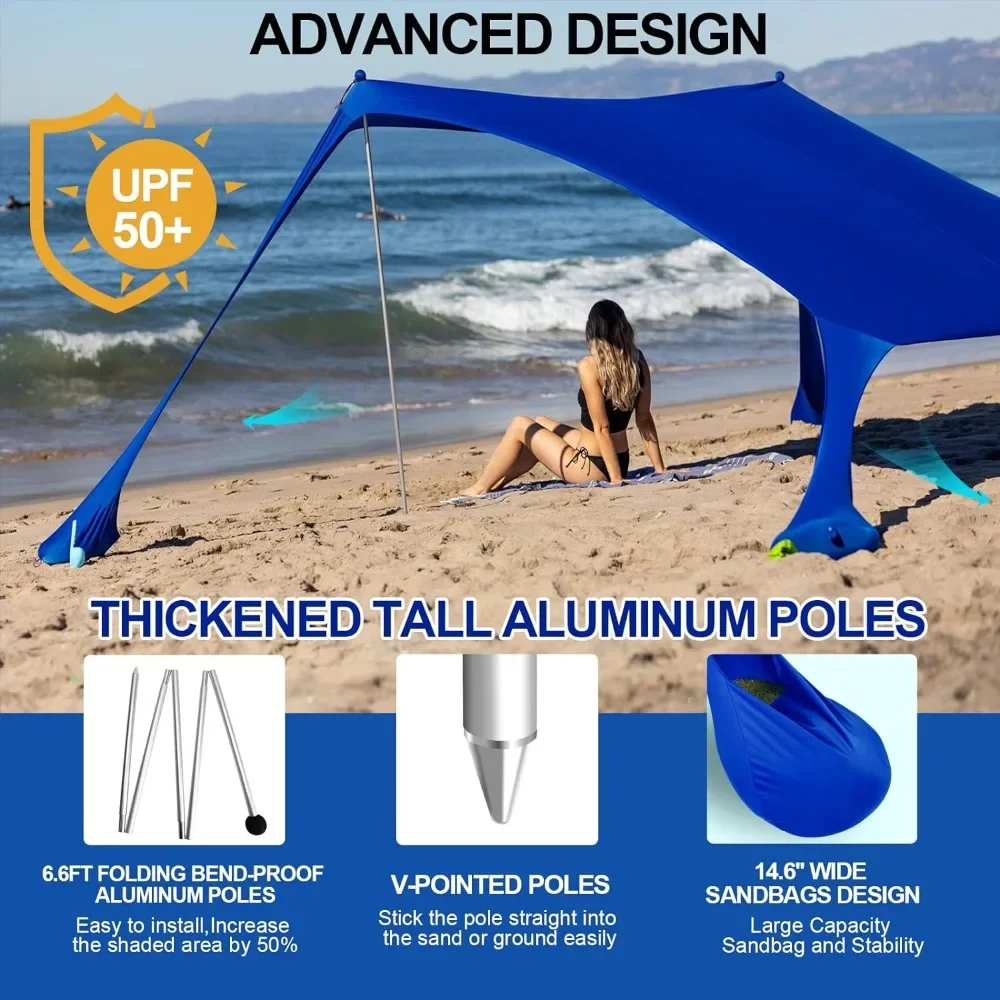 Beach Tent Pop Up Shade 10x10ft Beach Canopy Sun Shelter UPF50+ with 4 Foldable Poles-Portable Carrying Bag-Sand