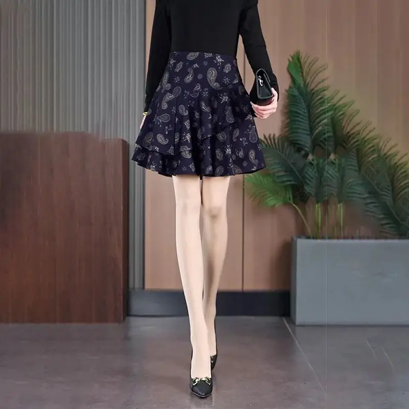 Fashion Printed Spliced Ruffle A-Line Skirts Women's Clothing Summer New Loose Office Lady Zipper High Waist Skirts