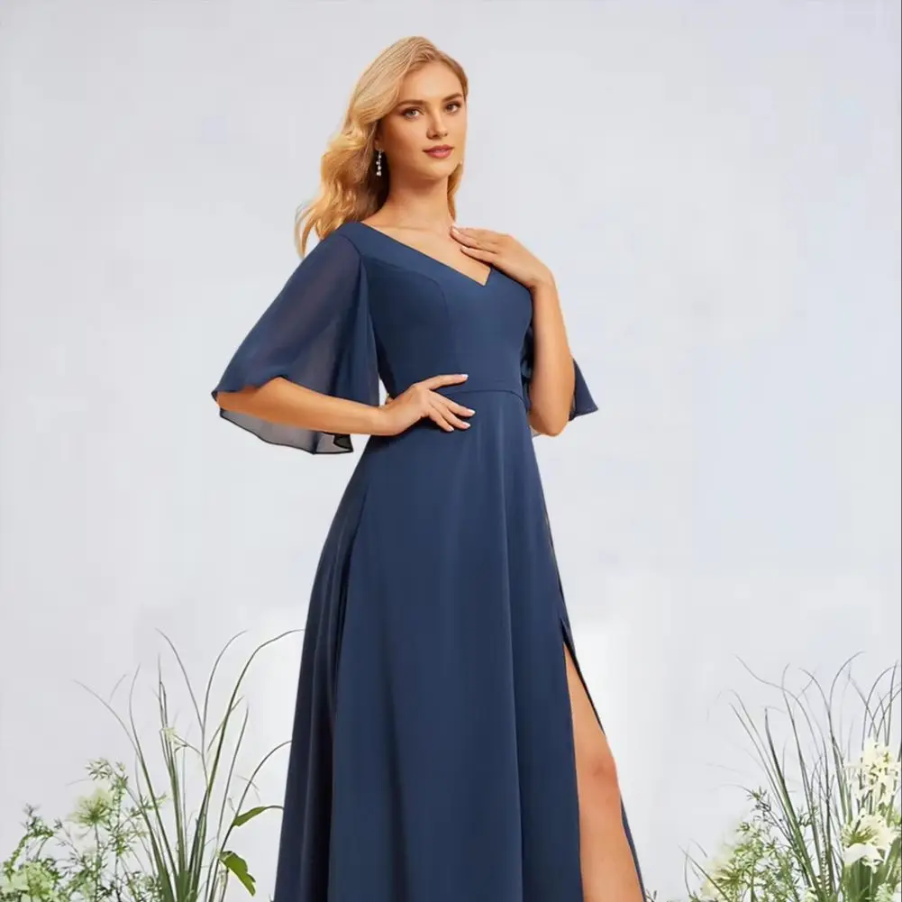 

WWA Women Navy Blue Bridesmaid Dresses Luxury V-Neck Floor-Length Chiffon Wedding Party Dress With Leg Slit Elegant Evening Gown