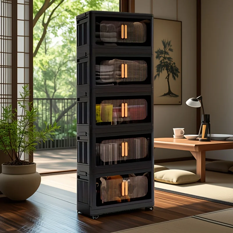 

Collapsible Storage Bins with Lid (5-Tier) - Stackable Plastic Organizers with Wheels & Magnetic Door, Foldable Cabinet for Clos