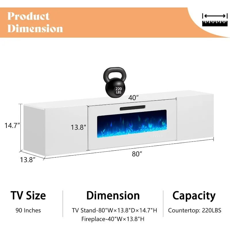 Floating Fireplace TV Stand,Wall Mounted Mirrored Entertainment Center with 40" Electric Fireplace, for TVs Up to 90", All White