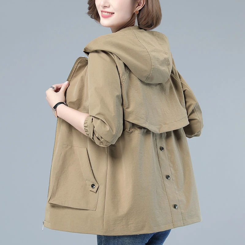 

New Trench Coat Women's Windbreaker 2025 Spring Autumn Jackets Casual Top Lined Female Patchwork Zipper Loose Hooded Short Coats