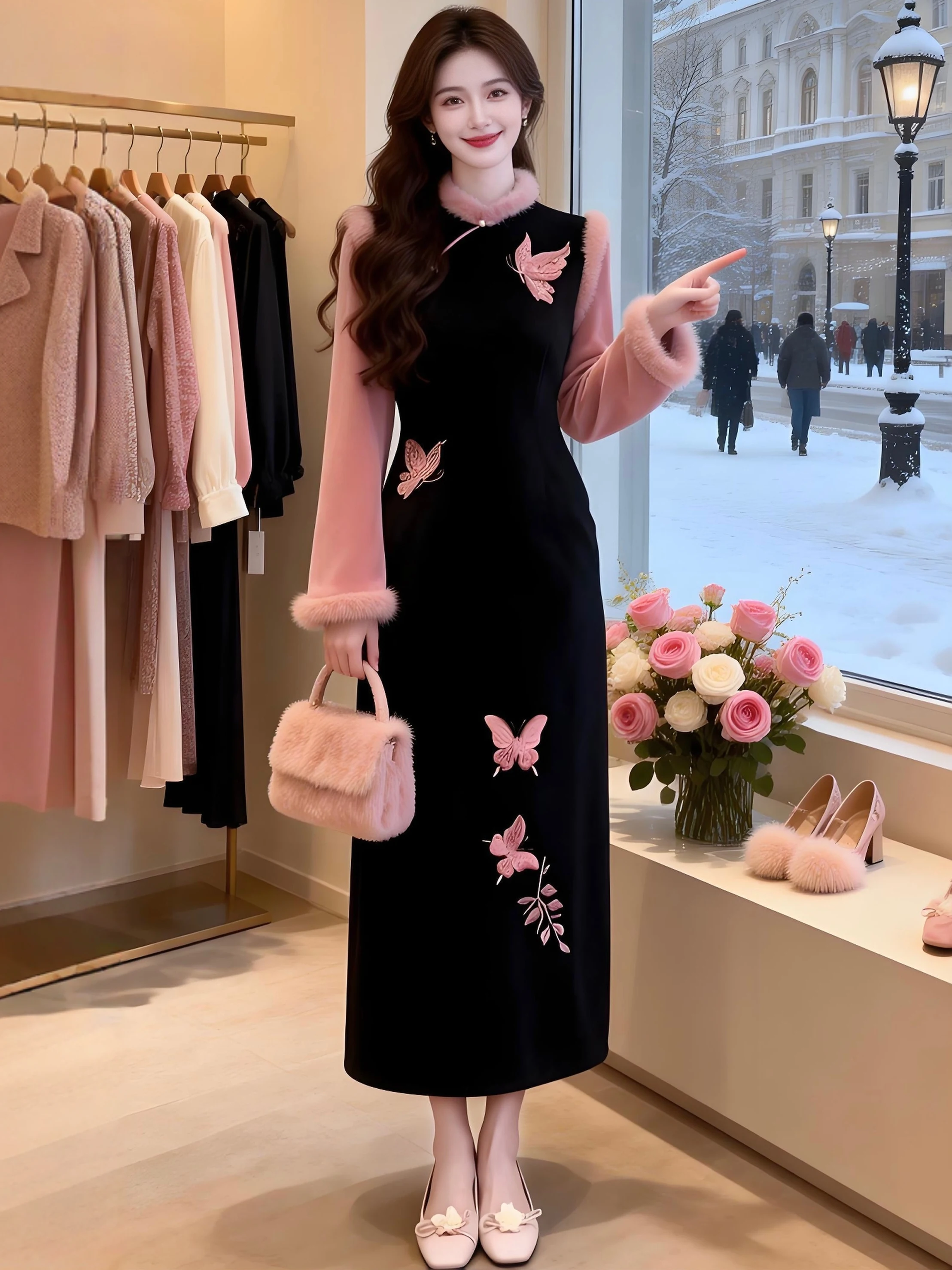 

Новогодняя роскошная юбка с флисовой подкладкой, высокой талией, из бархатной ткани, с вышивкой, силуэт H, длинная, приталенная