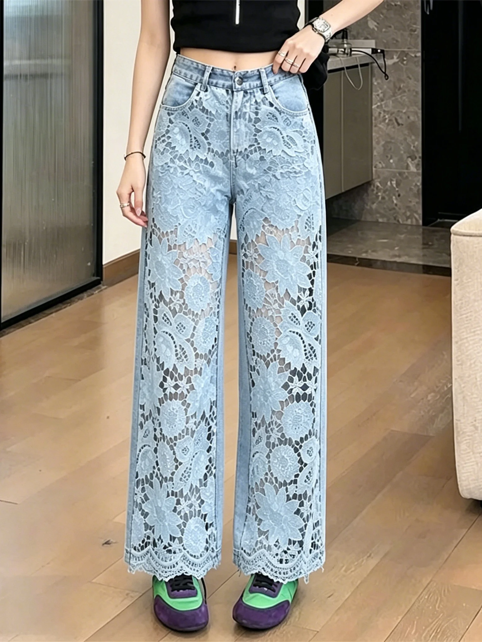 High Waist Wide Leg Jeans Women Summer 2026 New Style Lace Splicing Hollow out Loose Drape Straight Leg Jeans