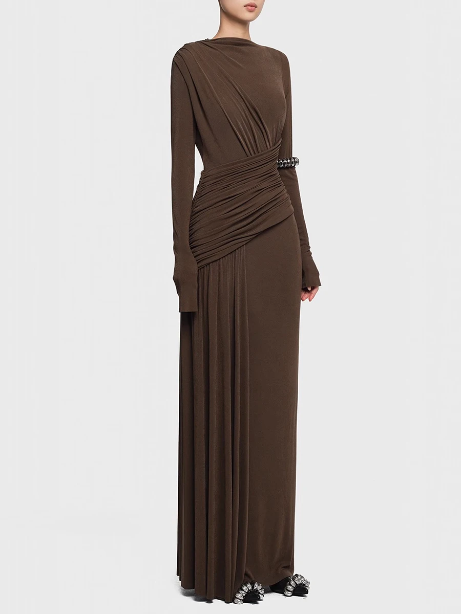 TWOTWINSTYLE 솔리드 슬리밍 드레스 Fr 여성 오 넥 긴 소매 높은 허리 기질 롱 드레스 여성 패션 스타일 의류