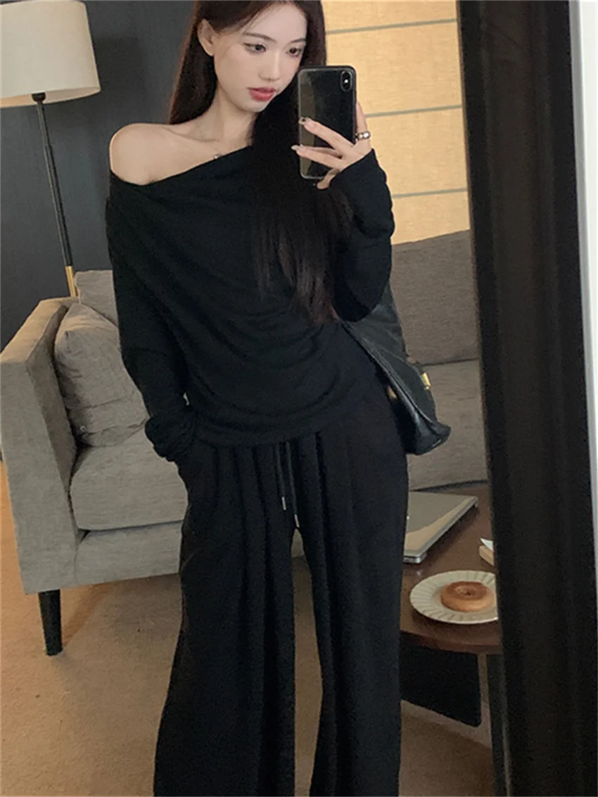 PLAMTEE Off Shoulders Sweaters Women Chic Loose Wide Leg Pants Suits 2024 Spring Elegant Daily New Casual Office Lady Sets