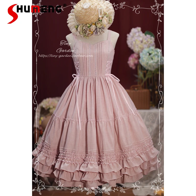 

Japanese Style Sweet Girls Lolita Pink Dress Jsk Women's High Waist Slim Fit Elegant Corduroy Sleeveless Suspenders Dresses