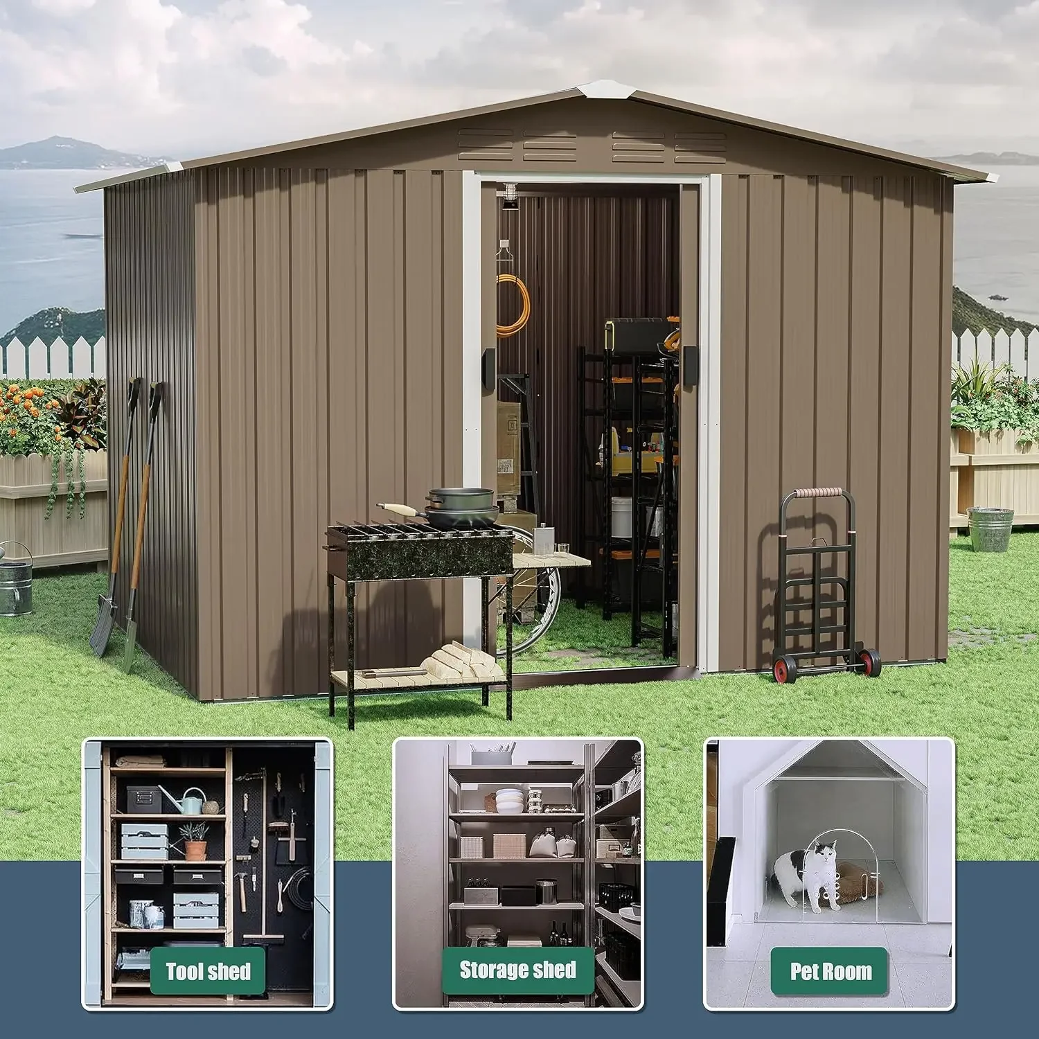 8x 6FT Outdoor Storage Shed, Waterproof, Lockable Door Metal Tool Shed with Sliding Door & Air Vents, Storage House for Tools