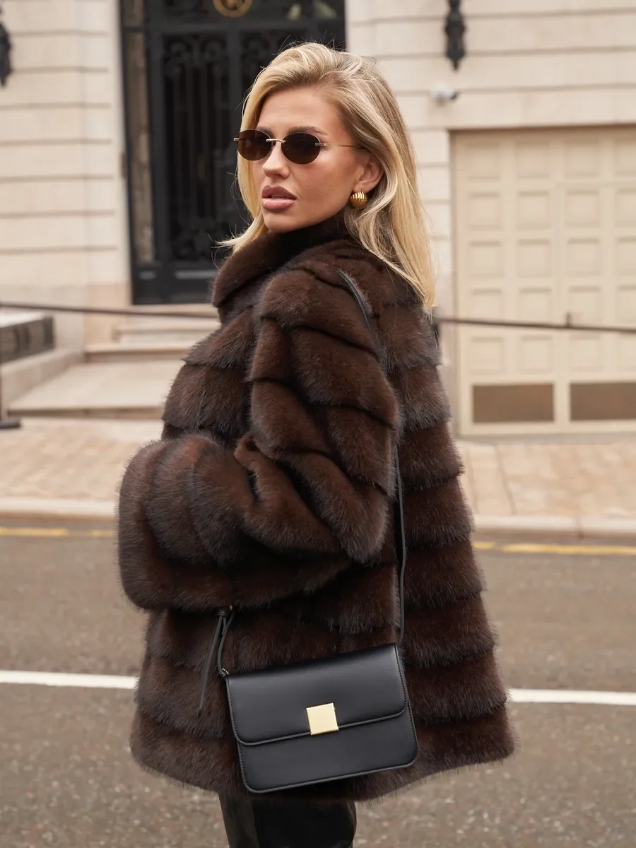 LIMO Women Stand Collar Faux Mink Fur Coat Horizontal Stripe Warm Luxury Outerwear