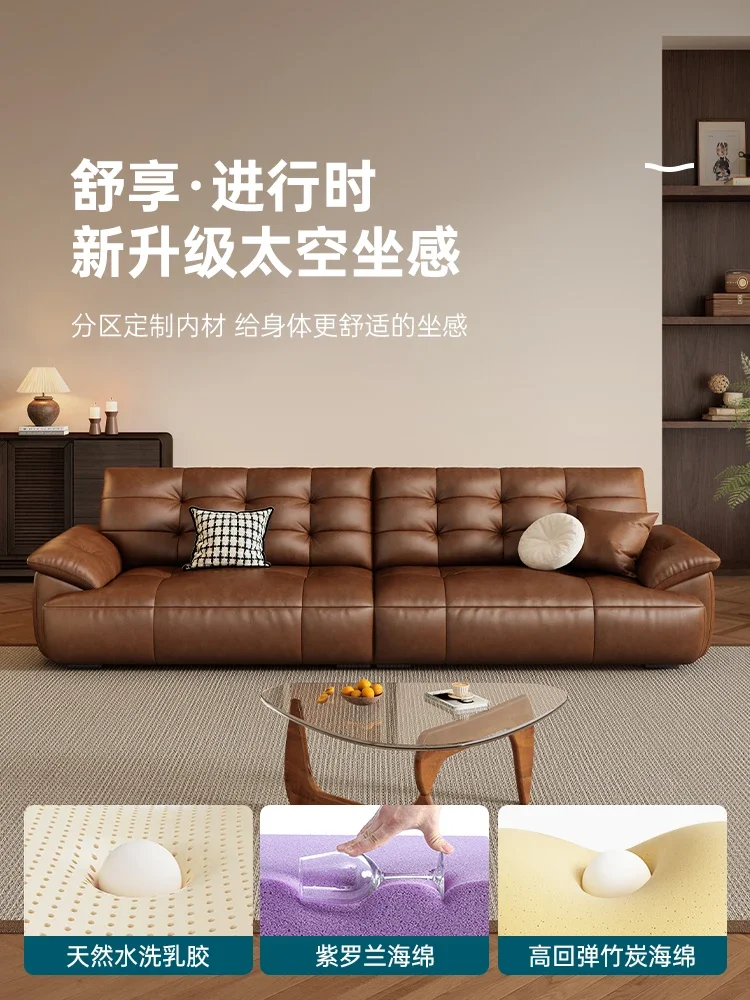 Leather sofa caramel color antique first layer cowhide retro style living room high backrest
