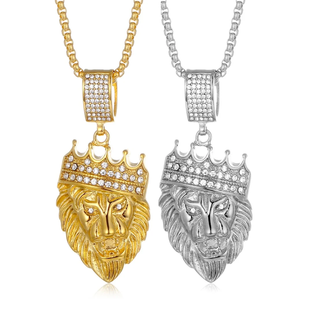

Punk Iced Out Bling CZ Lion Head Pendant Stainless Steel Cubic Zirconia Animal Necklace for Women Men Cool Fashion Jewelry Gift