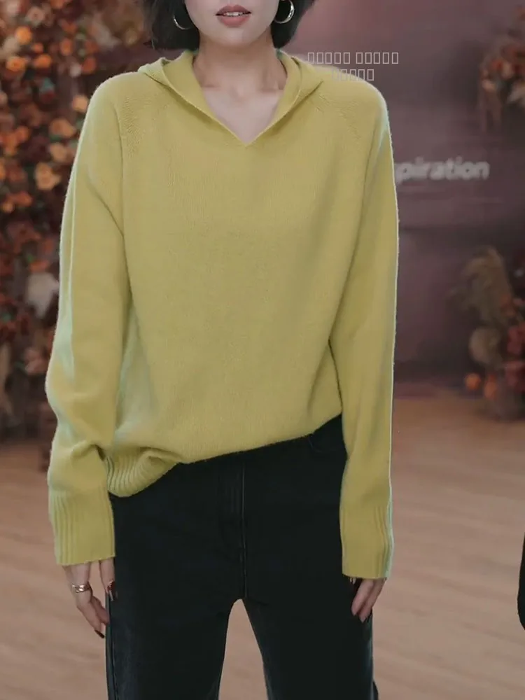 

Korean Sle Soft Pure Color Hooded Long Sve Knitted Sweater Autumn New Arrival plus Size Versatile Top Warm Thermal Wool ...