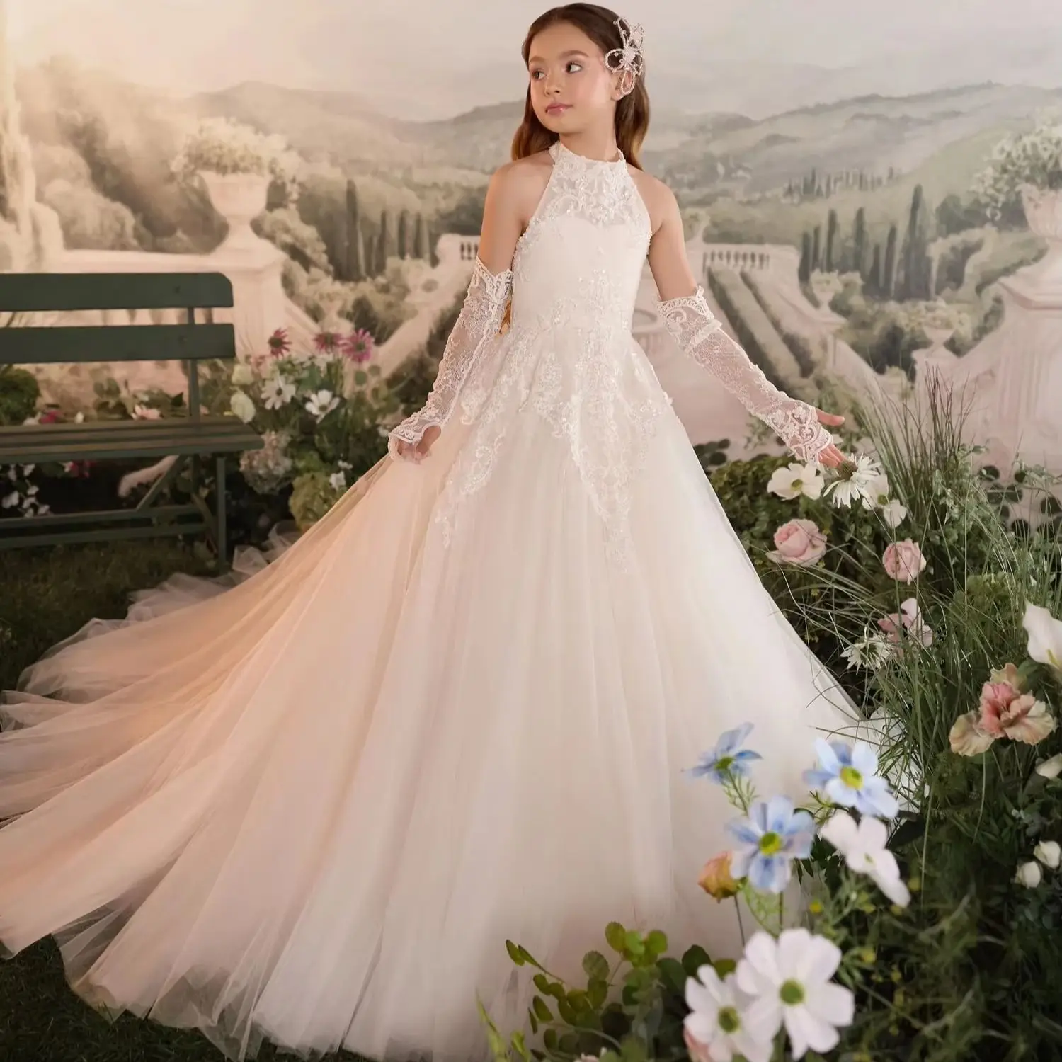 Customized Flower Girl Dresses For Wedding High Neck Lace Beading Litter Princess Girl's Birthday Gowns First Communion Dresses