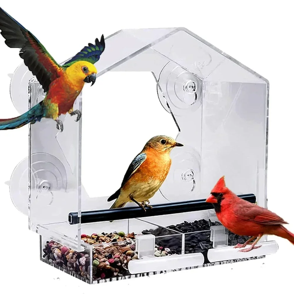 Acrylic Clear Window Glass Birds Hanging Feeder Birdhouse Food Feeding House Table Seed Cup Transparent Windowsill Birdfeeders