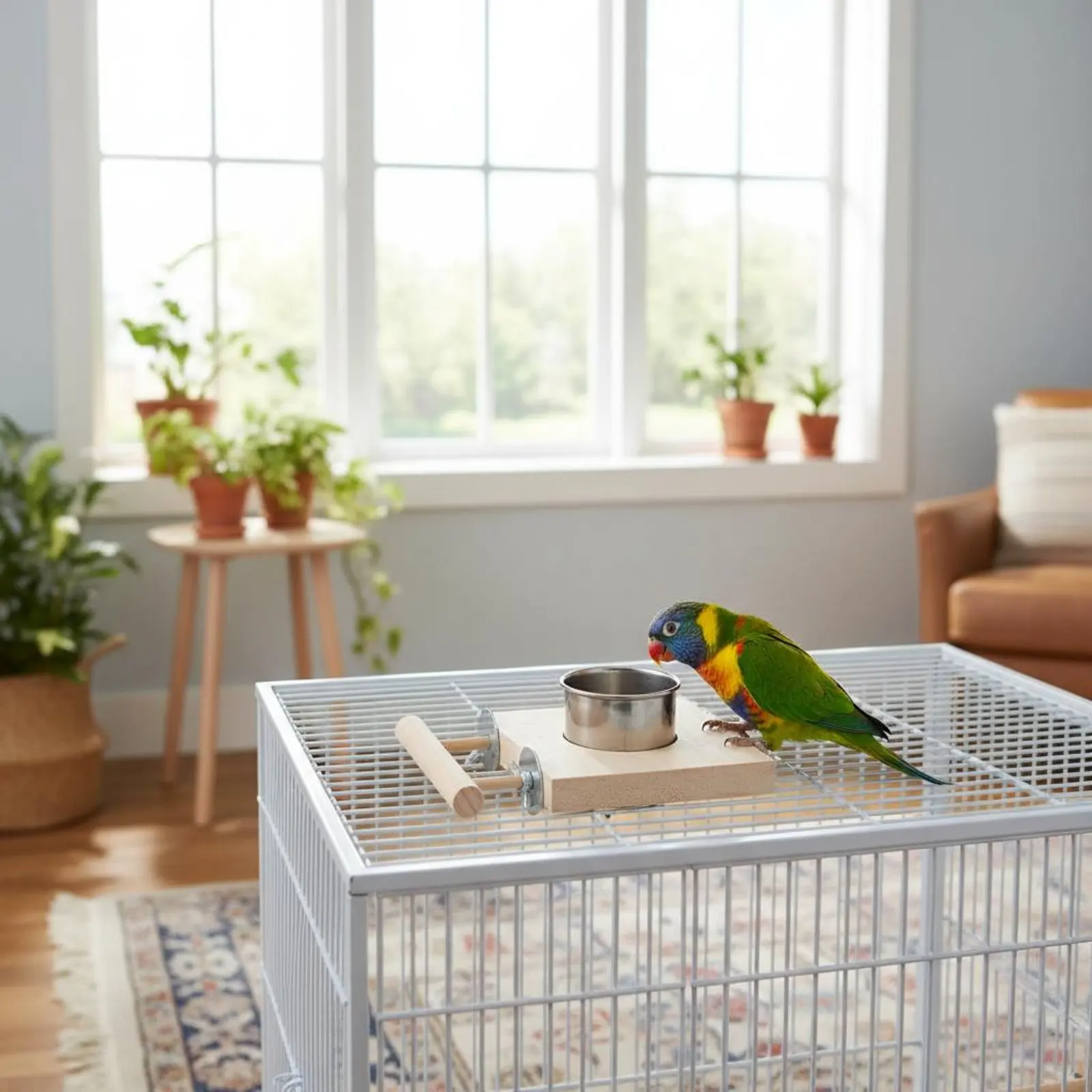 

Parrot Perch Feeder Easy to Clean Enclosure Mounted Avian Feeder Perch Parrot Food and Water Bowl Stand Space Saving
