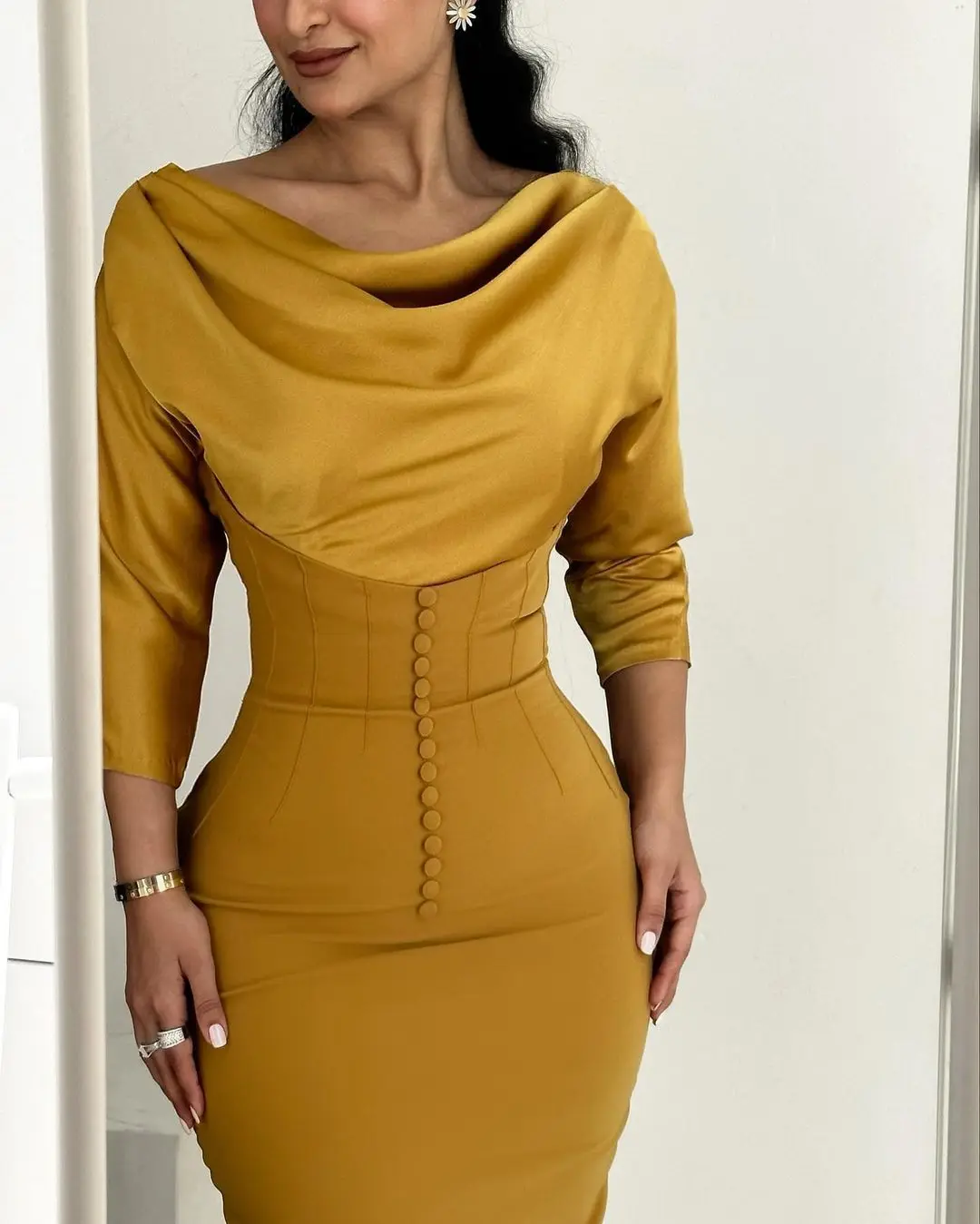 Arabia Women Elegant Party Dresses Button Empire Sheath Vestidos De Graduación Long Sleeves Formal Occasion Dresses 2023