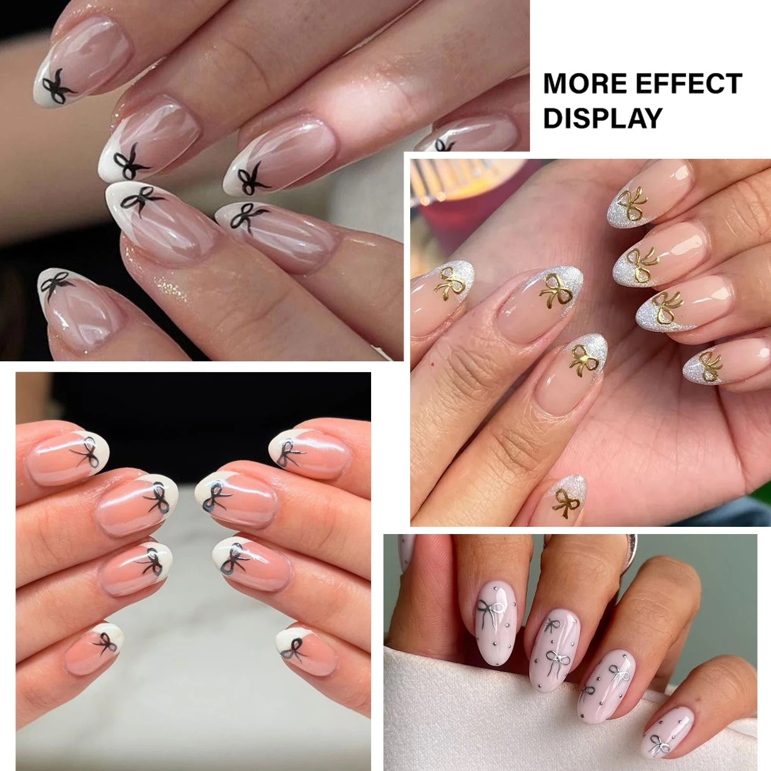 4Pcs/set Halloween&Christmas Metallic Bow Nail Stickers Golden&Silvery&Black Chic Bow Decal Adhesive French Bowknot Nail Slider