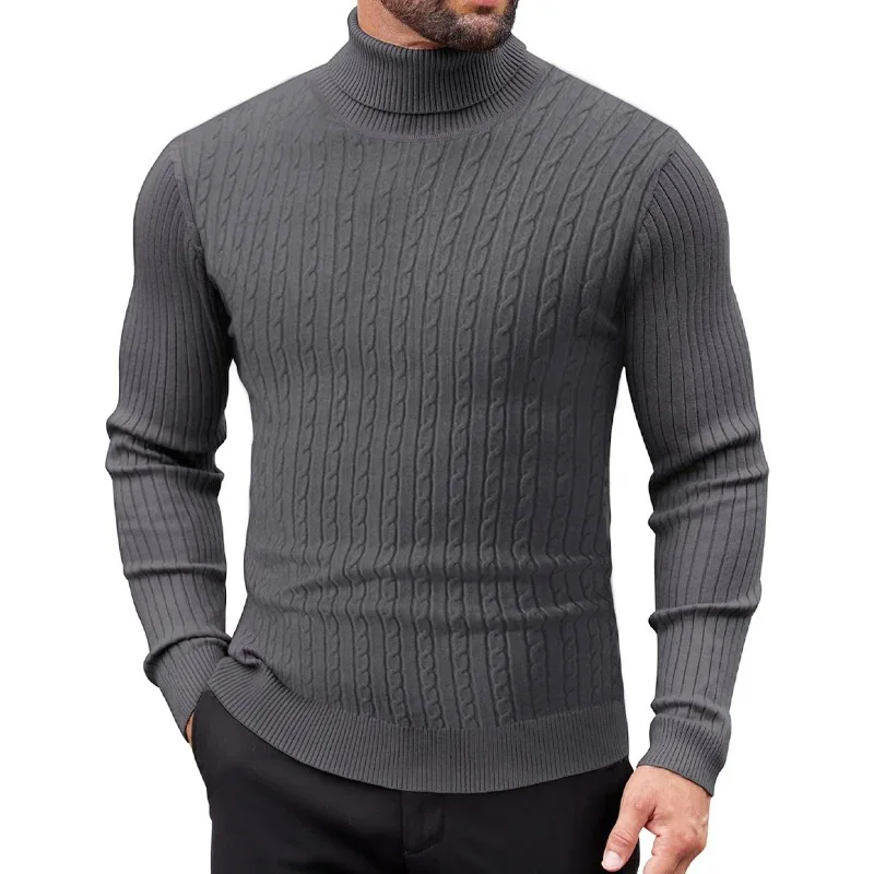Men's Turtleneck Jacquard Sweater Warm Soft Fabric Slim Fit  Autumn Winter Male Knitted Pullover Classic Simple Style Knitwear