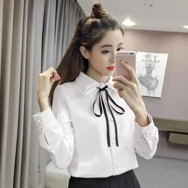 Sweet Peter Pan Collar Spliced Lace Up Bow Shirt Women\'s Clothing 2023 Spring New Oversized Casual Tops Office Lady Blouse