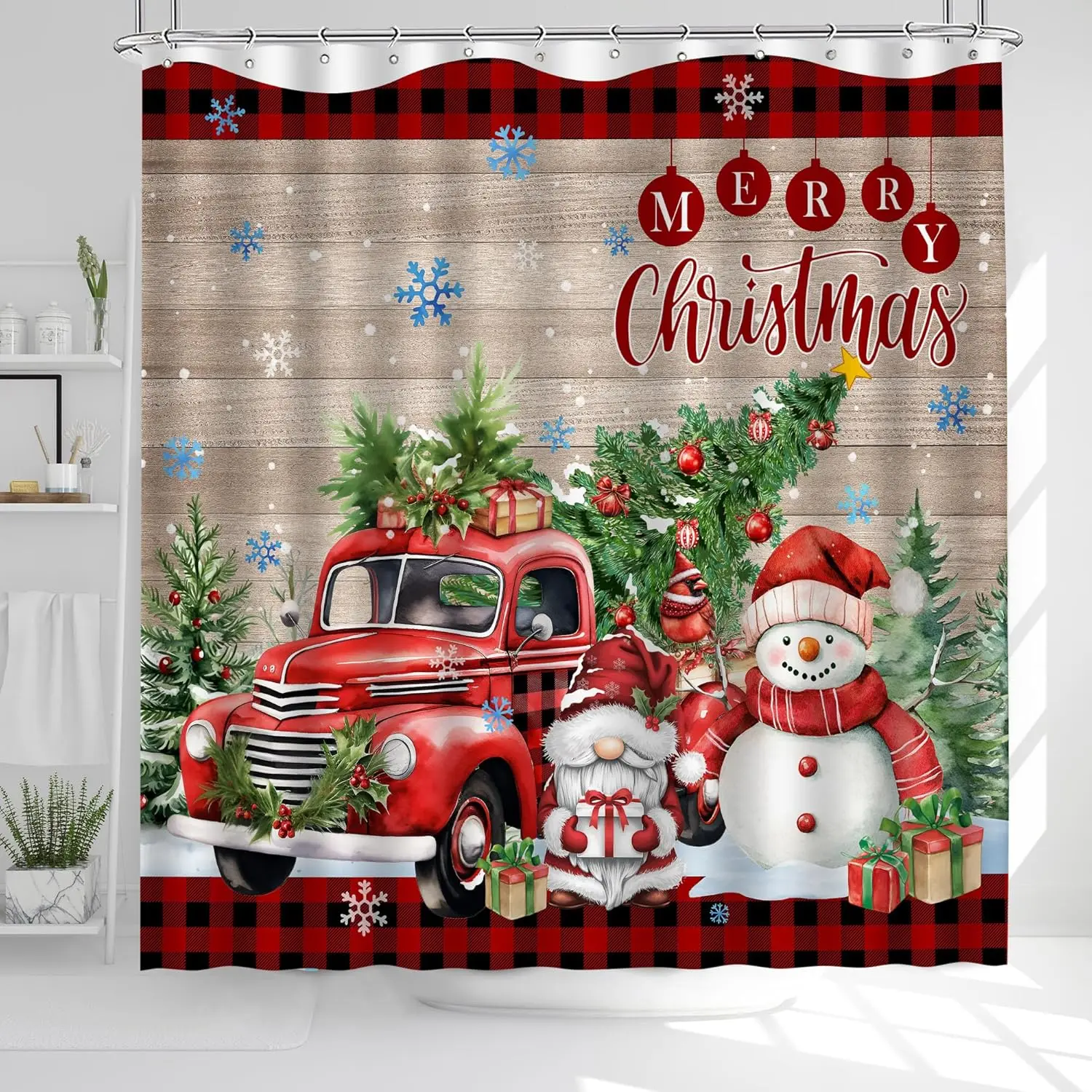 

Christmas Shower Curtain,Red Truck Curtain for Bathroom,Snowman Winter Holiday Waterproof Bath Curtains with Hooks Decorations