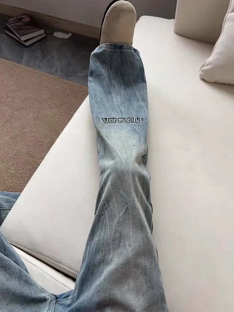 

Light Blue Lightning Pattern Men's Jeans Slim Fit American High Street Sle Autumn Wear Casual Wear Resistant Straight Leg J...