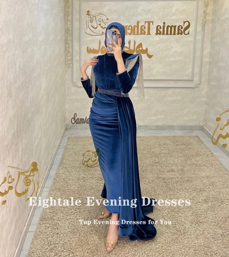 Eightale Arabic Evening Dresses Muslim Velvet High Neck Beaded Dark Blue Mermaid Prom Party Gown vestidos elegantes para mujer