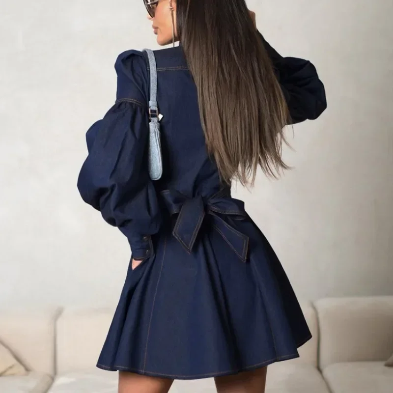 Autumn Winter Y2K Chic Female Long Lantern Sleeve Single Breasted Lace Up Pleated Dress Elegant Women Corset Denim Shirt Dress