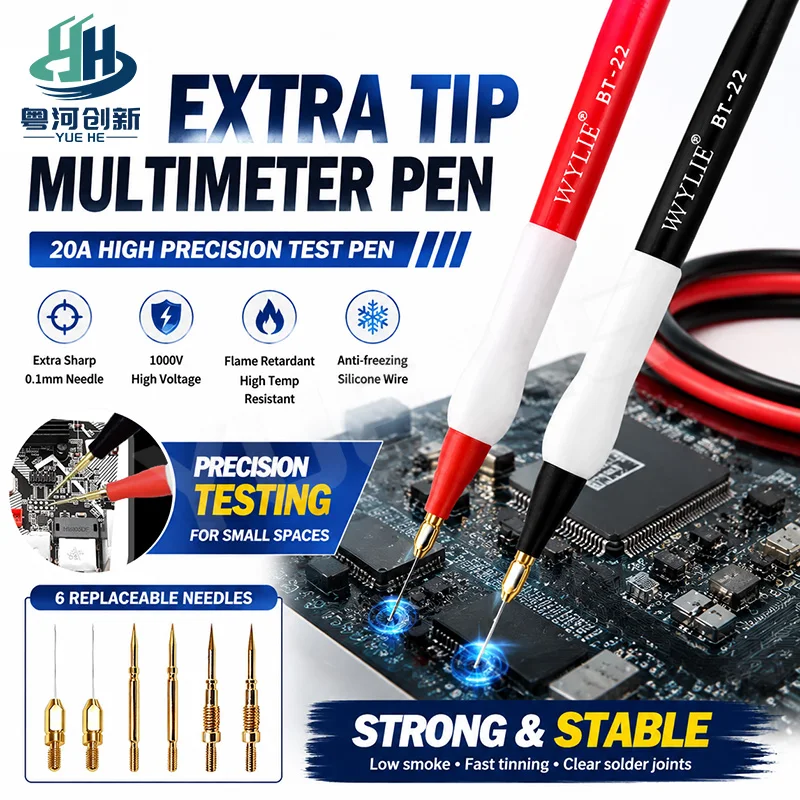 WYLIE BT22 Multimeter Test Pen 0.1mm Alloy Steel Probe 20A 1000V Silicone Cable For Phone Mainboard Circuit Repair Measuring