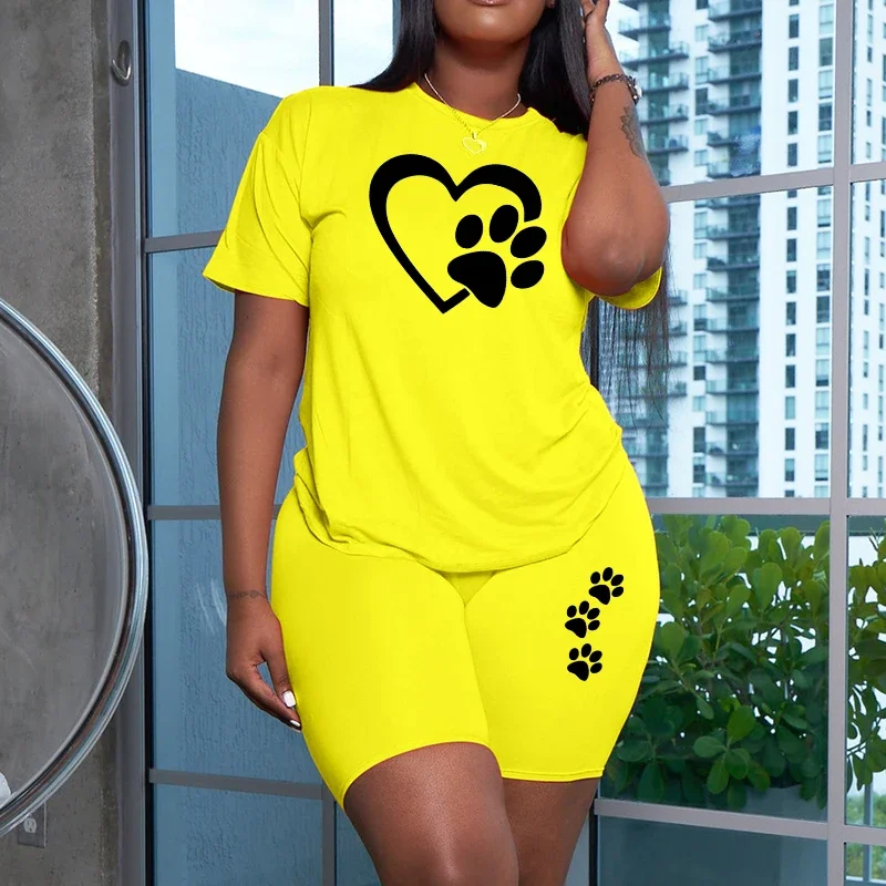 Summer Hot Sale Women's Cute Heart Print Tracksuit O-Neck T-shirts and Shorts Urban Fashion Ladies Home Outdoor Casual Oufits