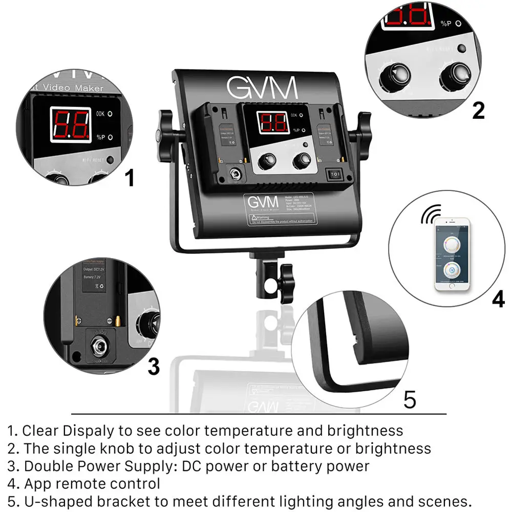 GVM 560AS Bi-Color LED Photographic Lighting Video Studio Light App Remote Digital Adjustable 560 LED Lamp Panel Kit