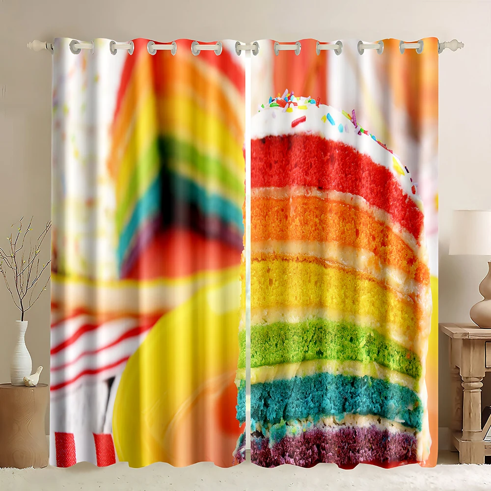 Cake Blackout Curtain,Rainbow Cream Cake,Food Curtains Ice Cream Cake Fruit Cupcake Bonbon Food Delicious Sweets Window Curtain