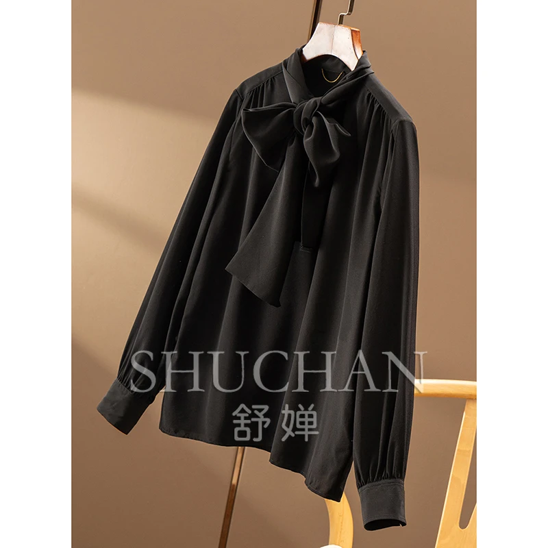 New Natural Silk Double Crepe Streamer Collar Long Sleeve Shirt Women 61C0 Women Tops Blusa Feminina