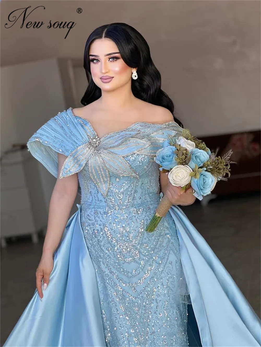 Dubai Abiti da sera blu in raso con gonna oversize in rilievo Due pezzi Abito da ballo da donna Abiti da gala Abito da festa nuziale personalizzato