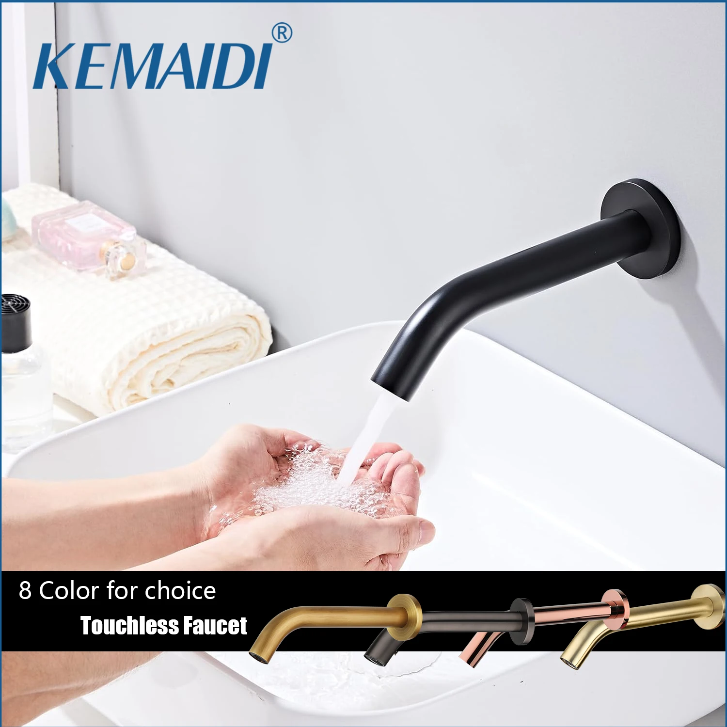 

KEMAIDI Touchless Faucet Wall Mounted Automatic Sensor Faucets Hands Free Touch Hot Cold Mixer Tap Bathroom Faucet Black/Gold
