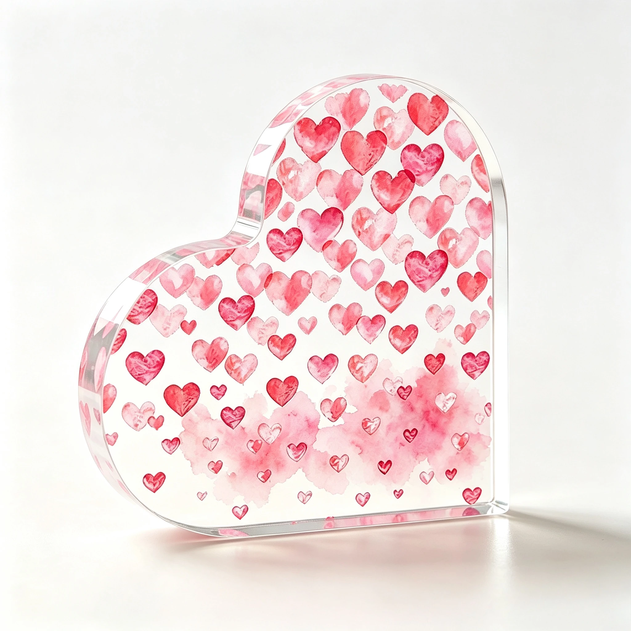 Watercolor Red Pink Hearts Heart‑Shaped Clear Acrylic Plaque Romantic Tabletop Keepsake Ornament Valentine’s Day Wedding Anniversary Home Decor Gift For Her