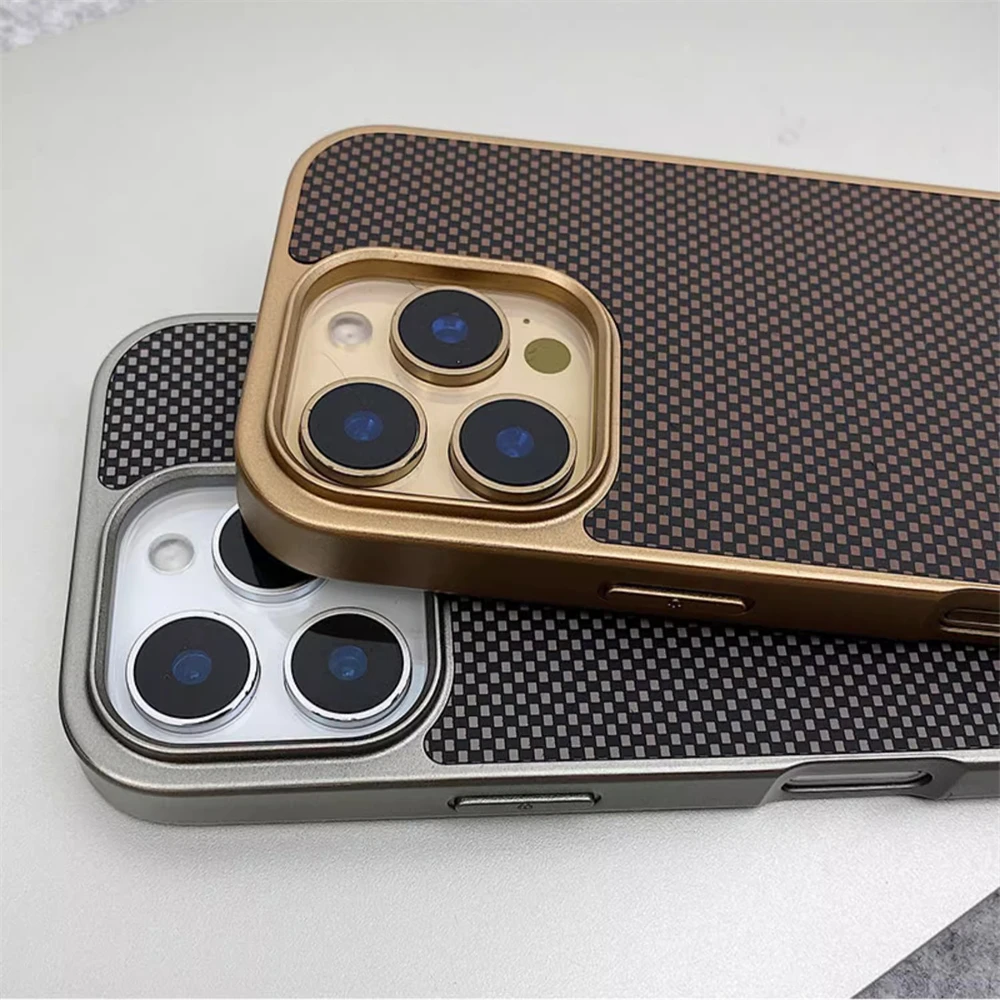 Luxury Business Carbon Fibre Pattern Matte Case For iPhone 17 16 Pro Max 15 14 13 12 Plating Soft Edge Frame Shockproof Cover