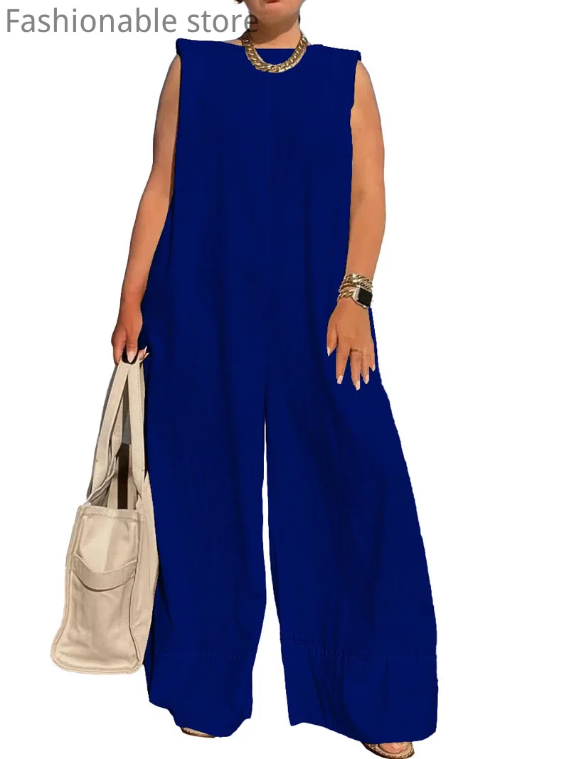 Women Casual Solid Color Sleeveless Round Neck Wide Leg Loose Jumpsuits