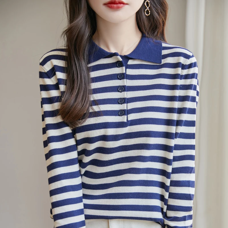 Women 100% Cotton Striped Sweater Polo Collar Pullover Casual Color Blocking Knitwear Long Sleeve Spring Autumn Clothing Tops