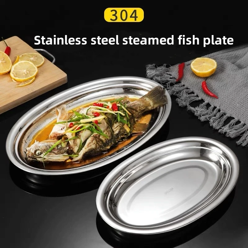 Multi-Size 304 Stainless Steel Oval Fish Plates Household Food Dinner Steamed Shallow Plate Dishes Kitchen Tableware Dinnerware