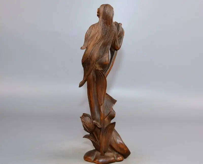 Chinese Antique Boxwood Carved Beautiful Woman Statue Sexy Sculpture Home Decor