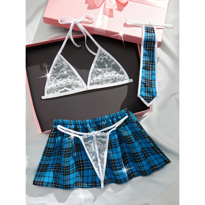 Sexy Preppy Plaid Uniform Set with Floral Lace Halter Bra, Thong, Skirt, and Tie - Women\'s Lingerie