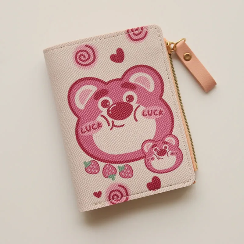 Cartoon TOY STORY Strawberry Bear Lotso Short Bifold Wallet PU Leather Short Wallet Cute Small Purse Bag Mini Handbag Gifts