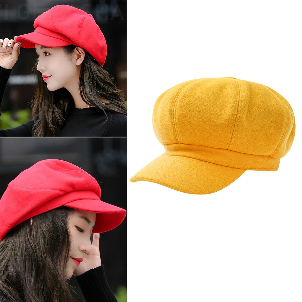 

1pc Octagonal Woolen Beret For Women Girls Yellow Stylish Warm Lightweight Peaked Cap Cozy Fashion Hat Ideal For All Occasions