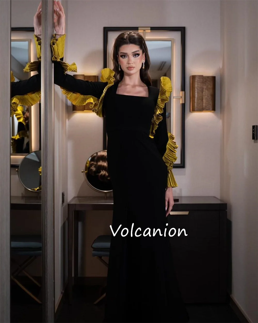 Customized Exquisite Jersey Pleat Straight Square Neck Long Dresses Bespoke Occasion Classic High Quality