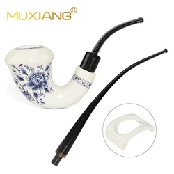 Cuerpo de tubo de cerámica + vástago curvo largo + boquilla de vástago curvo corto + soporte. Pipa de tabaco de porcelana azul y blanca, filtro de 9mm