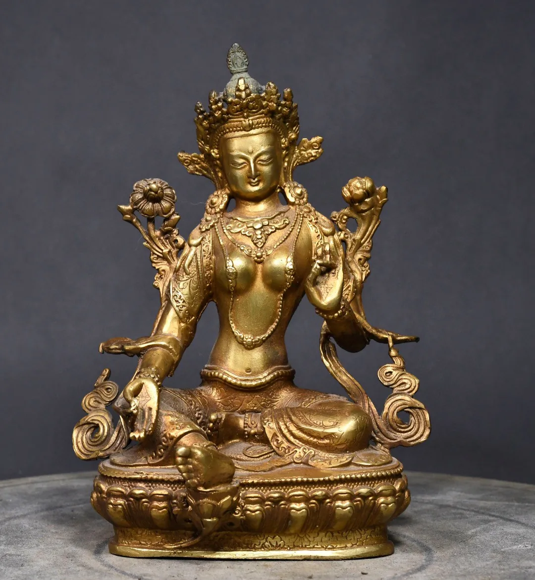 Tibetan Brass Gilt Guanyin Bodhisattva Green Tara Buddha Statue Ornament Home Buddhist Hall Small Size Chinese Supplies 20cm